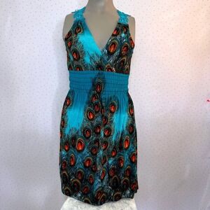 OB Fashion Peacock Print Dress L Turquoise Orange Crochet Lace Back Smocked Boho